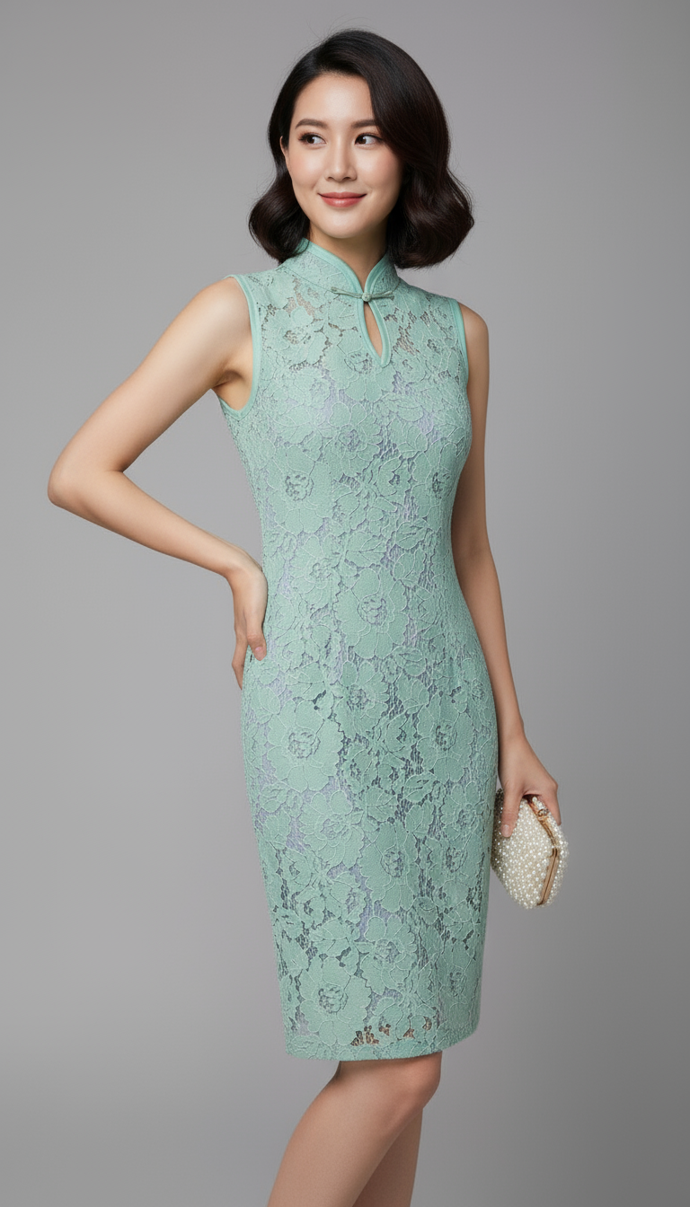 Mint Lace Sleeveless Cheong Sam