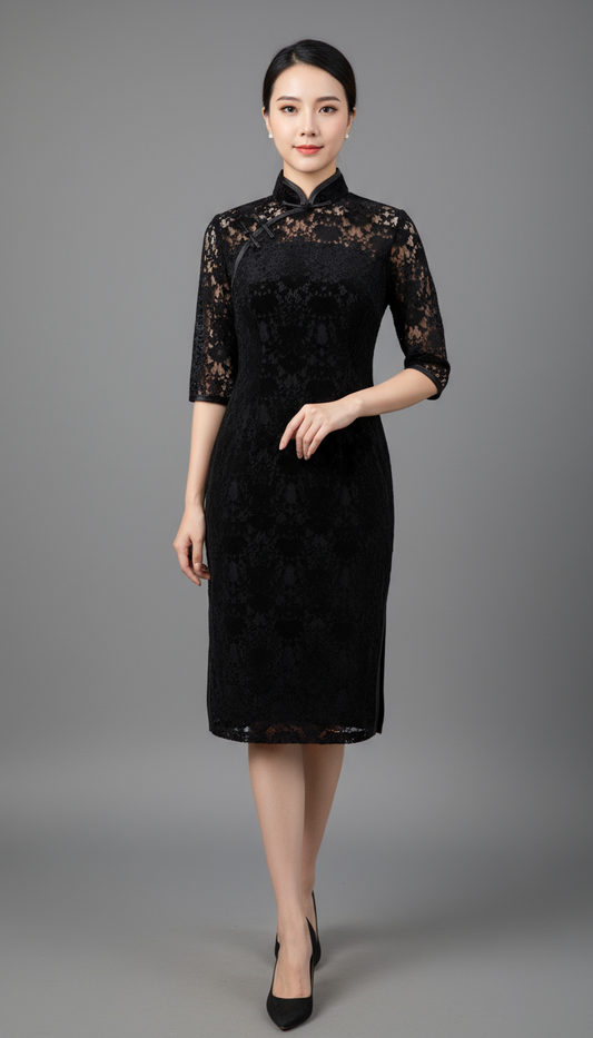Black Velvet Lace Black Lined Cheong Sam
