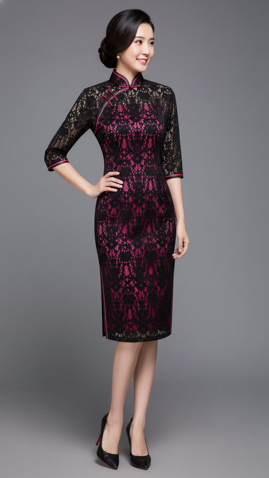Black Velvet Lace Fuchsia Lined Cheong Sam