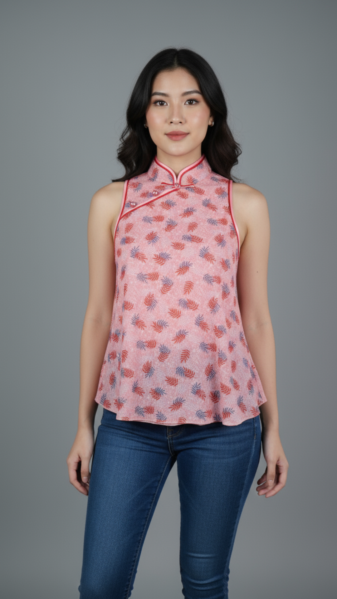 30% Off - Pink Floral Netting Flare Sleeveless Top With Mandarin Collar