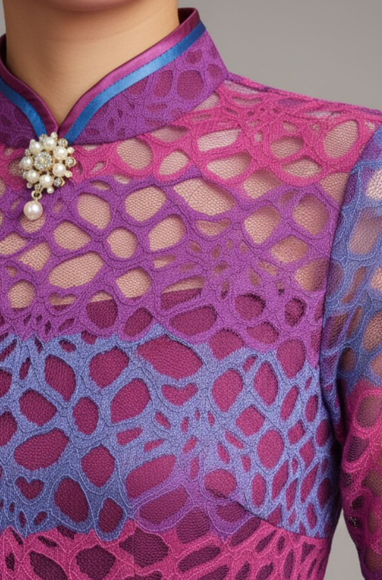 Purple Multi-coloured Striped Lace Elbow Length Sleeved Cheong Sam