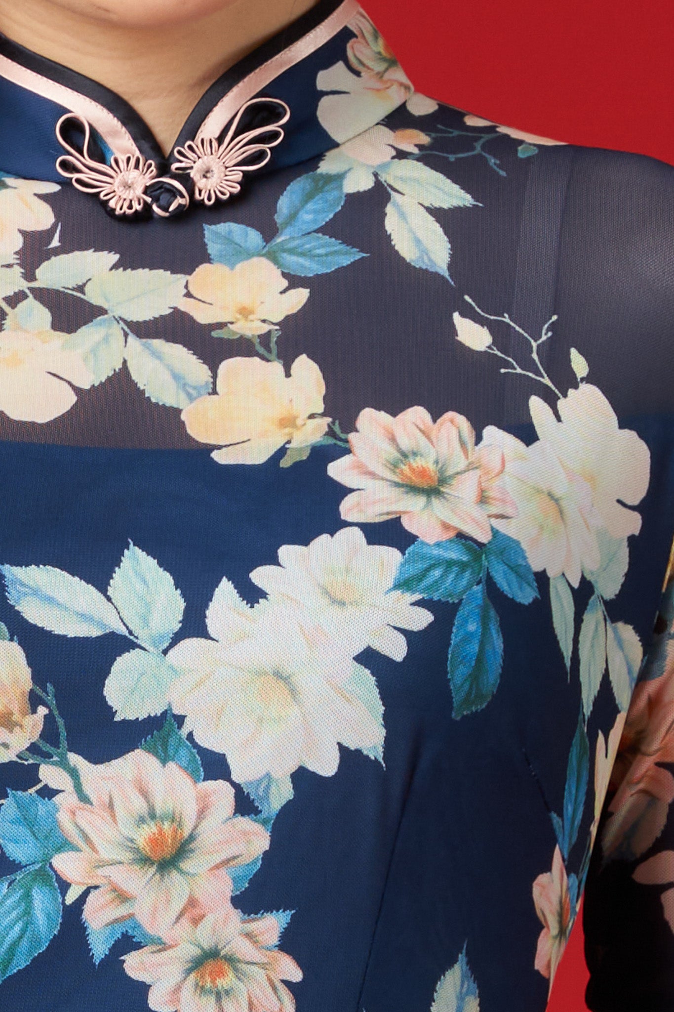 Navy Floral Netting Elbow-length Sleeved Cheong Sam