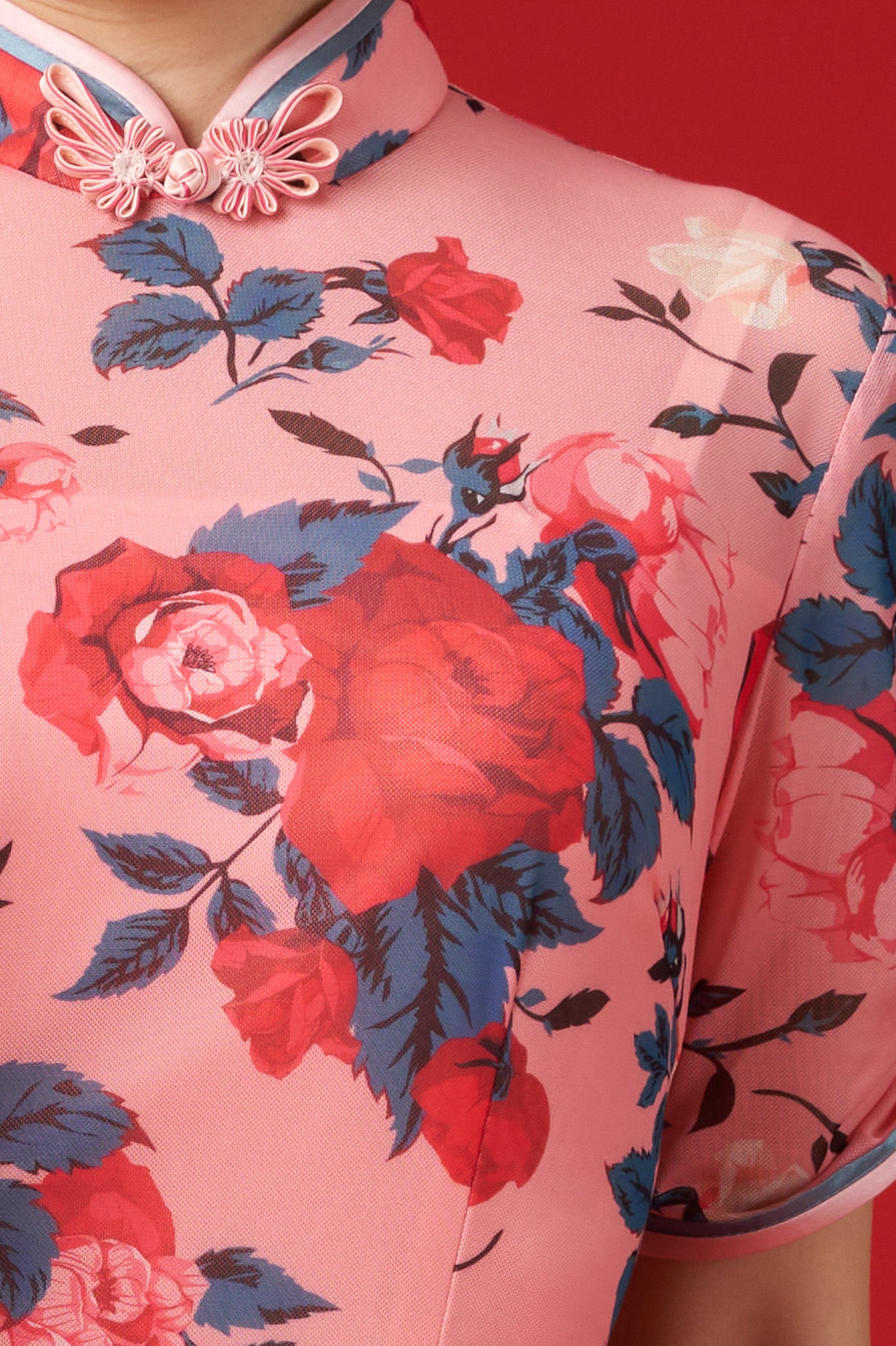 Pink Floral Netting Elbow-length Sleeved Cheong Sam