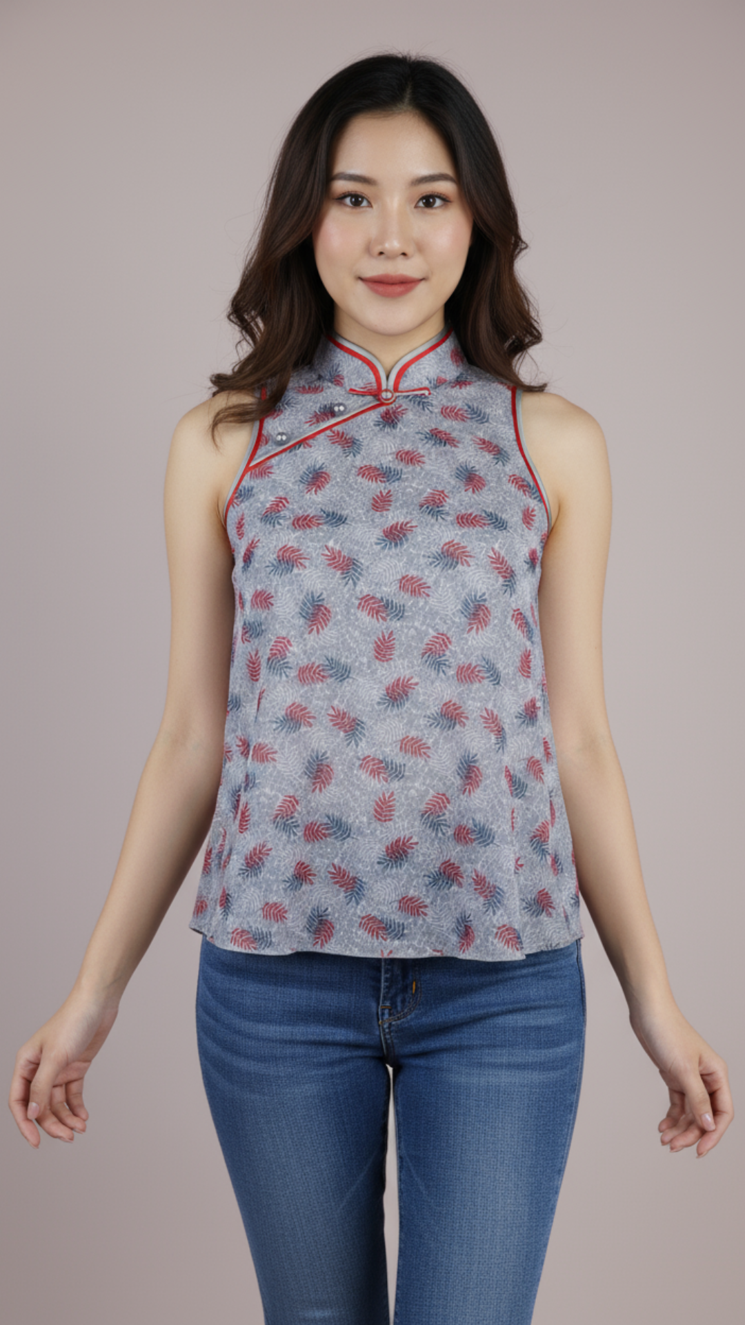 30% Off - Grey Floral Netting Flare Sleeveless Top With Mandarin Collar
