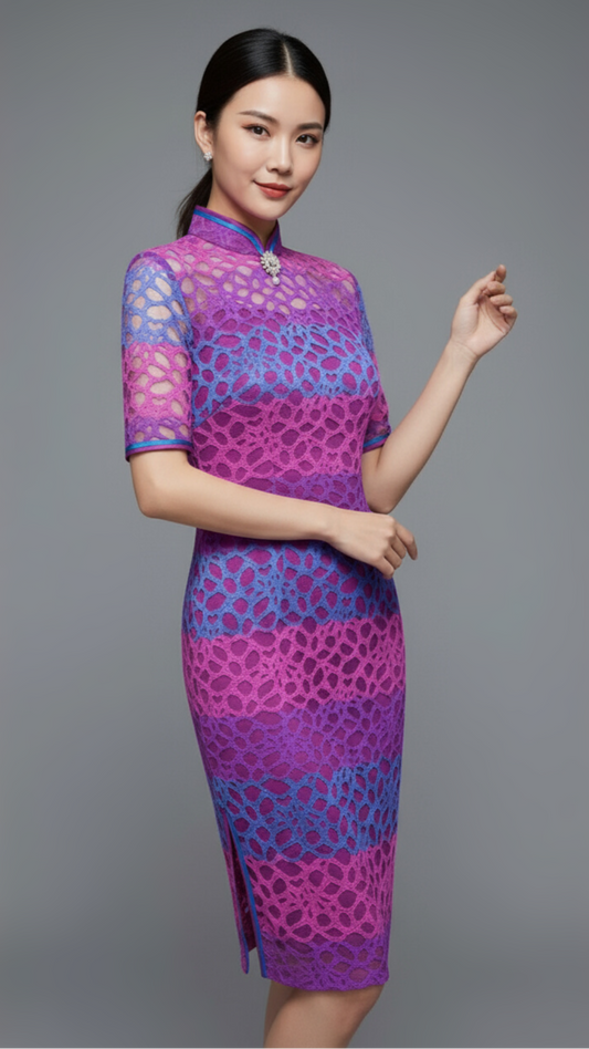 Purple Multi-coloured Striped Lace Elbow Length Sleeved Cheong Sam