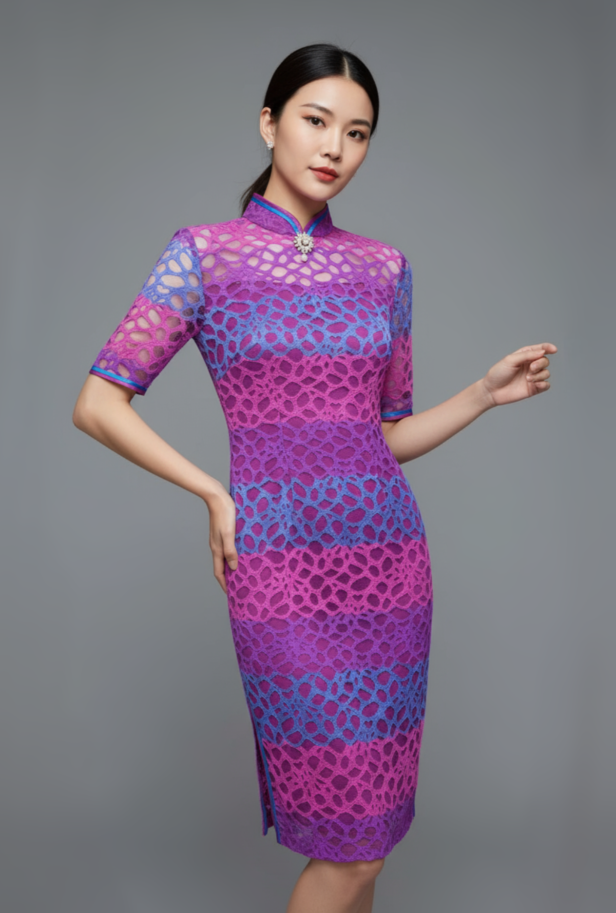Purple Multi-coloured Striped Lace Elbow Length Sleeved Cheong Sam