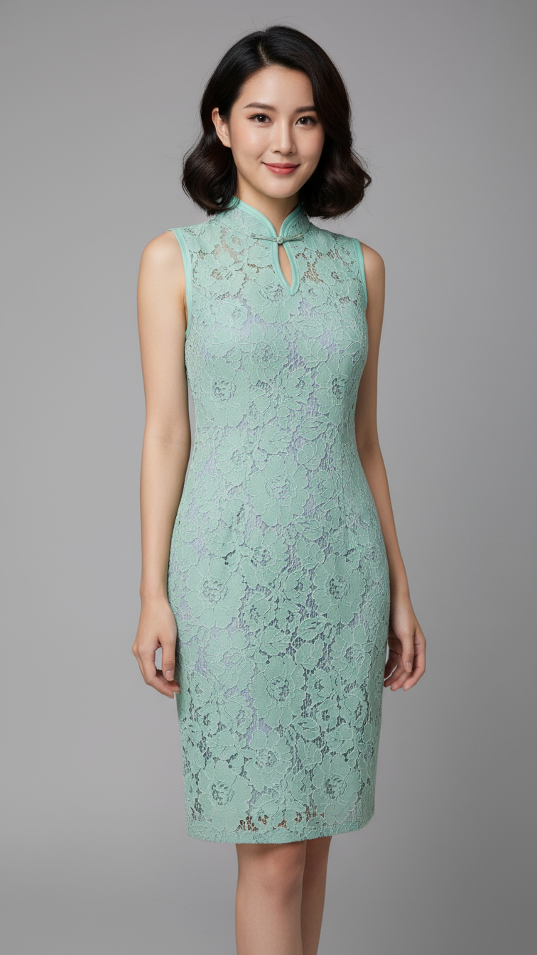 Mint Lace Sleeveless Cheong Sam