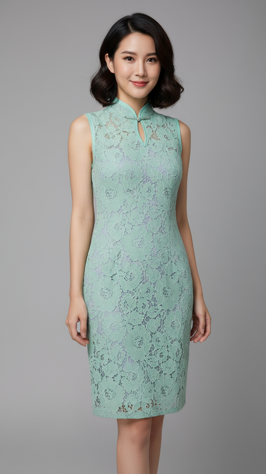 Mint Lace Sleeveless Cheong Sam