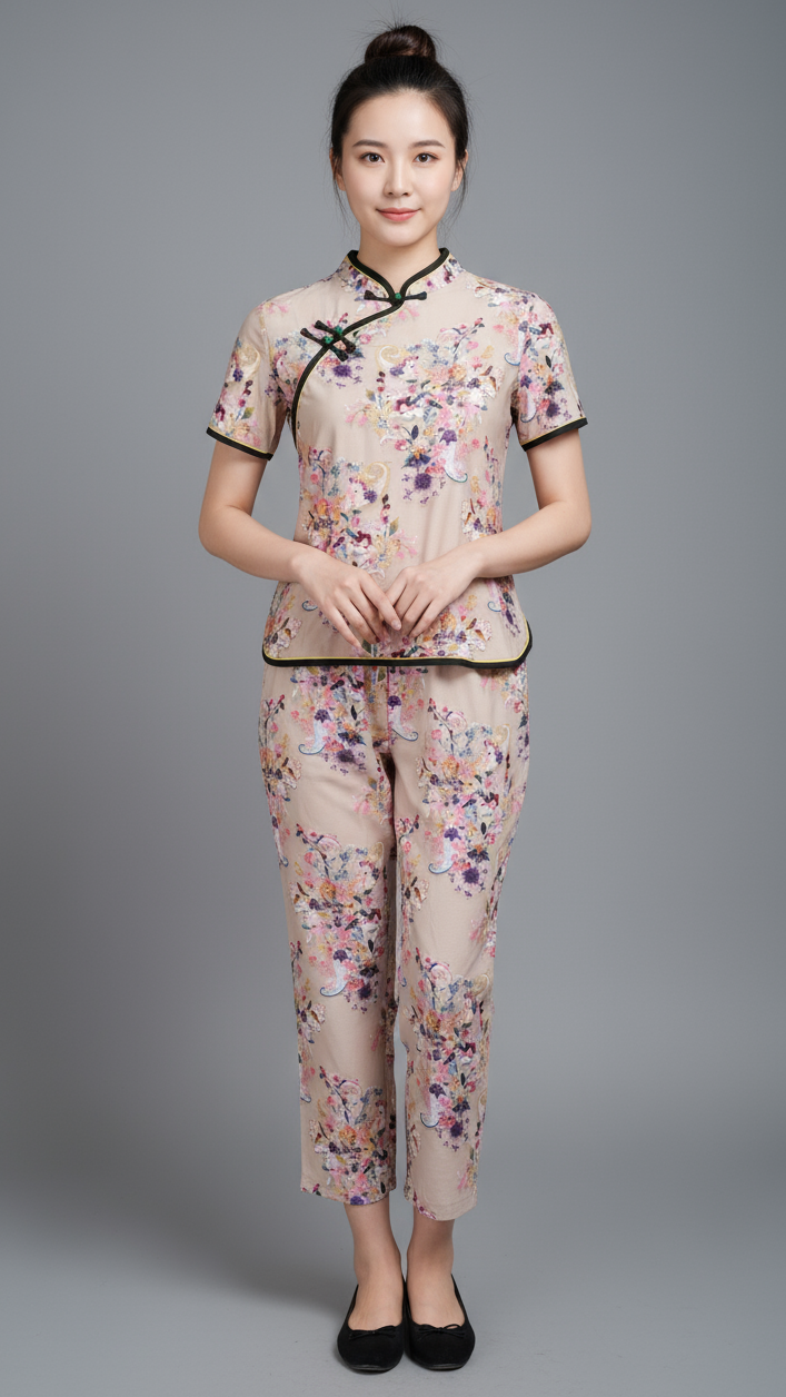Woman wearing a floral machai pajama set against a gray background