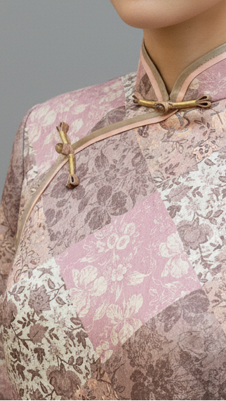 Classic Pastel Pink & Beige Textured Jacquard Floral Patchwork Cheong Sam