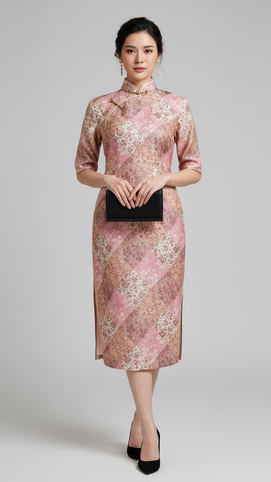 Classic Pastel Pink & Beige Textured Jacquard Floral Patchwork Cheong Sam